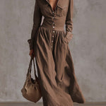 Exquisite Retro Western Lapel Front Button Red Windbreaker Style Cotton And Linen Maxi Dress