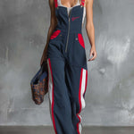 Retro Fahsion Sports Front Zipper Contrast Dark Blue Cotton Overalls Jumpsuit