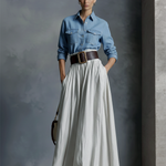 Women's elegant style denim-look shirt and cotton-linen skirt set