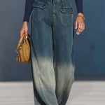 Casual Fashion Gradient Washed Denim Blue Gray Loose Pants