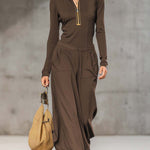 Casual Retro Sports Dark Gray Half-high Collar Front Zipper Long-sleeved Top And Wide Pants Set