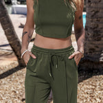 Jungle Green Solid Cropped Tank Top and Wide Leg Pants Set