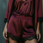 Burgundy Satin & Lace Camisole, Shorts & Robe Lounge Three-Piece Set