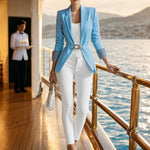 Simple And Elegant Striped Long-sleeved Blue Belted Blazer
