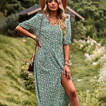 Nadorine Women's Button Down V Neck Full Print High Waist A-Line Summer Casual Dress