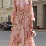 Romantic Blush Floral Chiffon Midi Dress