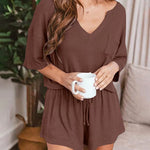 Two-piece Set Short Sleeve V-neck Top and Shorts Lounge Suits