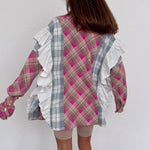 Sky Blue Plaid Print Patchwork Ruffle Shirt