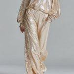 Women's Gold Glamorous Sequin Collared Half - Zip Wide - Leg Loungewear Party Set