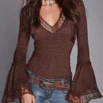 Retro Shiny Knitted T-shirt With Flared Sleeves And Lace Trim