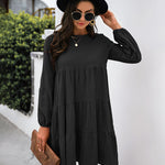 Long Puff Sleeve Shirt Dress Casual Crewneck Loose Fit Sundress Trendy Tiered Layer Summer Mini Dresses
