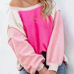 Nadorine Colorblock Bishop Sleeve Sweatshirt Plush Stitching Jumper Crop Top