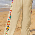 Dimarco Linen Blend Colorful Crochet Flower Patchwork Stretch Waist Wide Leg Pants