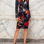 Bodycon Elasticated Waist Contrast Color Flower Print Split-Joint Lapel Midi Dresses