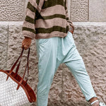 Green Striped Colorblock Knit V Neck Loose Fit Sweater