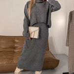 Elegant Two-piece Set Midi Dress and Turtle Neck Sweater Skirt Set