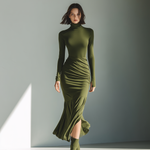 Women's Army Green Stretch Knit High Neck Pleated Slim Fit Maxi Dress