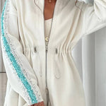 Edan Textured Knit Sequin Patchwork Drawstring Zipper Sweatshirt and Stretch Wide Leg Pants Set