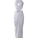 Women's Two Piece Set Criss Cross Halter Backless Crop Top and High Slit Ruched Skirt Sexy Matching Set