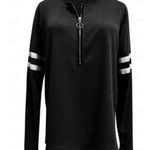 Striped Print Zipper Front Long Sleeve Top  Waffle Knit Loose Fitting Tunic Tops