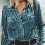 Women'S Retro Velvet Pocket Long Sleeve Shirt