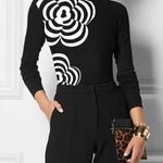 Long Sleeves Skinny Flower Print High Neck T-Shirts Tops