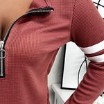 Striped Print Zipper Front Long Sleeve Top  Waffle Knit Loose Fitting Tunic Tops