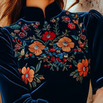 Elegant Stand Collar Embroidery Velvet Long Sleeves Top