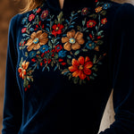 Elegant Stand Collar Embroidery Velvet Long Sleeves Top