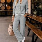 Women's 2 Piece Cable Knit Tracksuit Baseball Collar Crop Coat and High Waist Pants Set