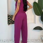 2 Pieces Outfit Sleeveless Notched Collar Crop Vest and Casual Spaghetti Strap Wide Leg Jumpsuit
