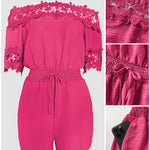 Women's Lace Off Shoulder Romper Shirred Waist Tied Detail Textured Short Jumpsuit with Pockets