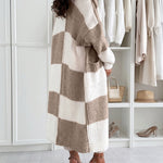 Women's Checkerboard Knit Cardigan Oversized Long Chunky Sweater Loose Lantern Sleeve Coat with Pockets
