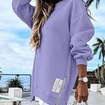 Letter Patch Detail Long Sleeve Drop Shoulder Pullover Sweatshirt Casual Zipper Side Slit Top
