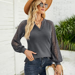 Nadorine V Neck Tops Solid Color Blouse Long Sleeve Pullover Lace Patchwork Shirt