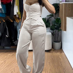 2 Pieces Outfit Thick Strap Button Front Shirred Back Slim Fit Crop Top and Casual High Waist Zipper Fly Elastic Back Waist Wide Leg Pants Set