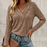 Women's Pleated V Neck T-Shirt Long Sleeve Button Decor Tee Casual Layering Top