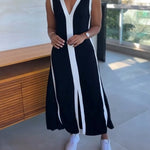 Colorblock Spliced Deep V-Neck Sleeveless Slit Front Dress Casual Loose Fit A Line Dress