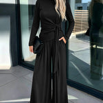 Women's 2 Piece Knit Lounge Set Long Sleeve Tie Waist Top and High Waisted Wide Leg Pants Casual Soft Sweatsuit with Pockets