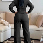 2 Pieces Outfit O-neck Long Sleeve Cinched Waist Sweatshirt and Elastic Waist Wide Leg Pants Set Casual Seam Design Sweatpants Set