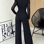 Women's Notched Lapel Jumpsuit Sheer Lace Long Sleeve Wide Leg Overalls Casual Evening Jumpsuit