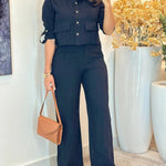 2 Pieces Outfit Turn-down Collar Turn-Up Sleeves Button Front Flap Pockets Design Top and Causal Zipper Fly Elastic Back Waist Wide Leg Pants Set
