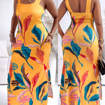 Plants Placement Print Square Neck Thick Strap Side Slit Maxi Dress Casual Vacation Dress with Pockets