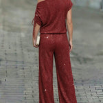 Women's Two-Piece Rhinestone Lounge Suit Skew Neck Top and Wide-Leg Pant Set Elegant Commuter Outfit with Pockets