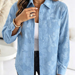 Women's Rhinestone Floral Jacquard Lapel Loose Casual Shirt Button Front Denim Look Top