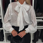 Tie Neck Beaded Long Sleeve Tied Detail Blouses Casual Shirts