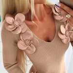 Floral Pattern V Neck Bodycon Mini Dress Long Sleeve Knit Sweater Dress