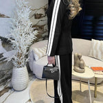 2 Pieces Outfit Notched Collar Single Breasted Pockets Design Coat and Elastic Waist Seam Front Wide Leg Pants Set Casual Contrast Side Striped Blazer Set