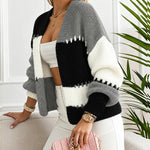 Women's Colorblock Knit Cardigan Chunky Knit Sweater Ribbed Trim Long Sleeve Casual Loose Knitwear