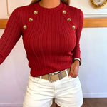Women's Gold Button Crew Neck Textured Knit Long Sleeve Top